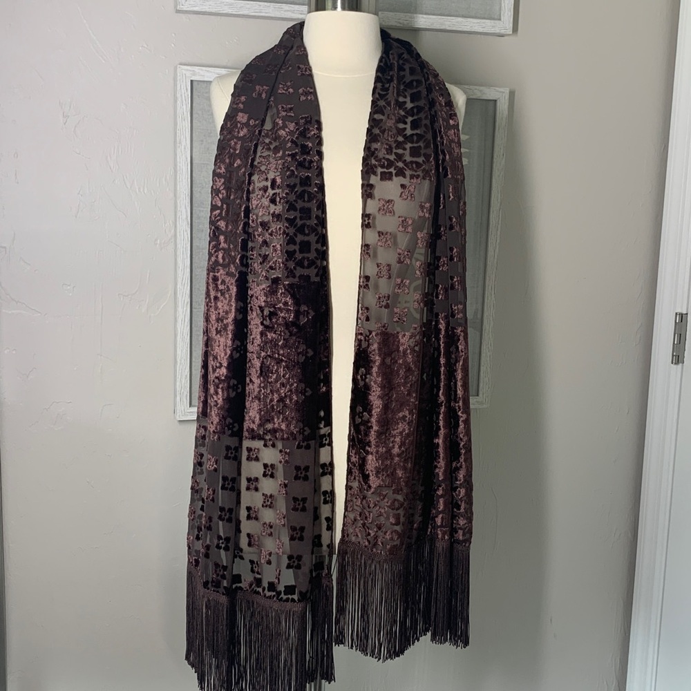 Spinoso Brown velvet burnout scarf with fringe